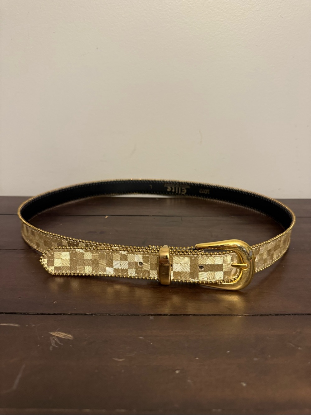 Vintage Elite Fresno California Gold Metallic Checker Belt Size L 1072